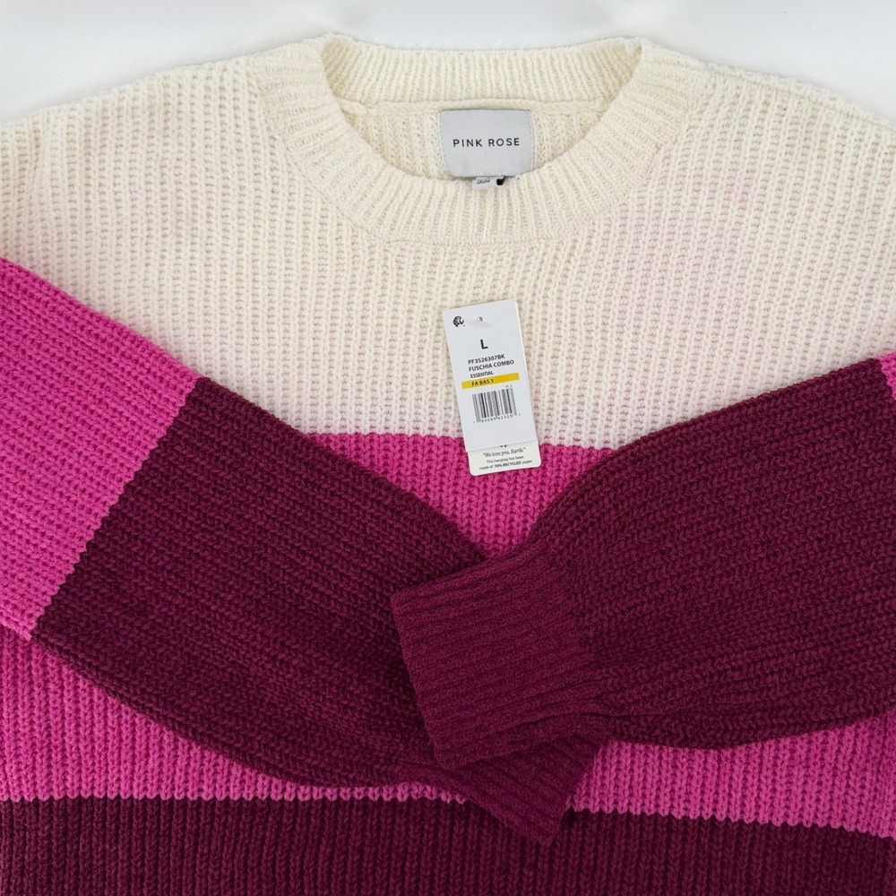 Pink Rose Colorblock Crewneck Sweater Women's Size Large‎ Cream Pink Burgundy